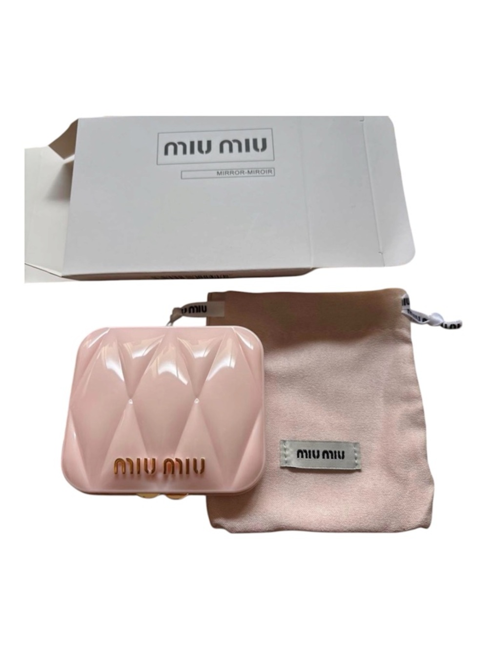 Miu Miu Glossy Quilted Compact Mirror in Light Pink with Gold Logo